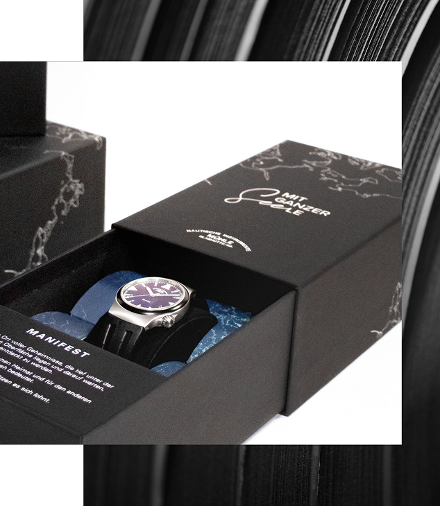 High‑quality black paper sleeve with an elegant wristwatch and dark blue insert