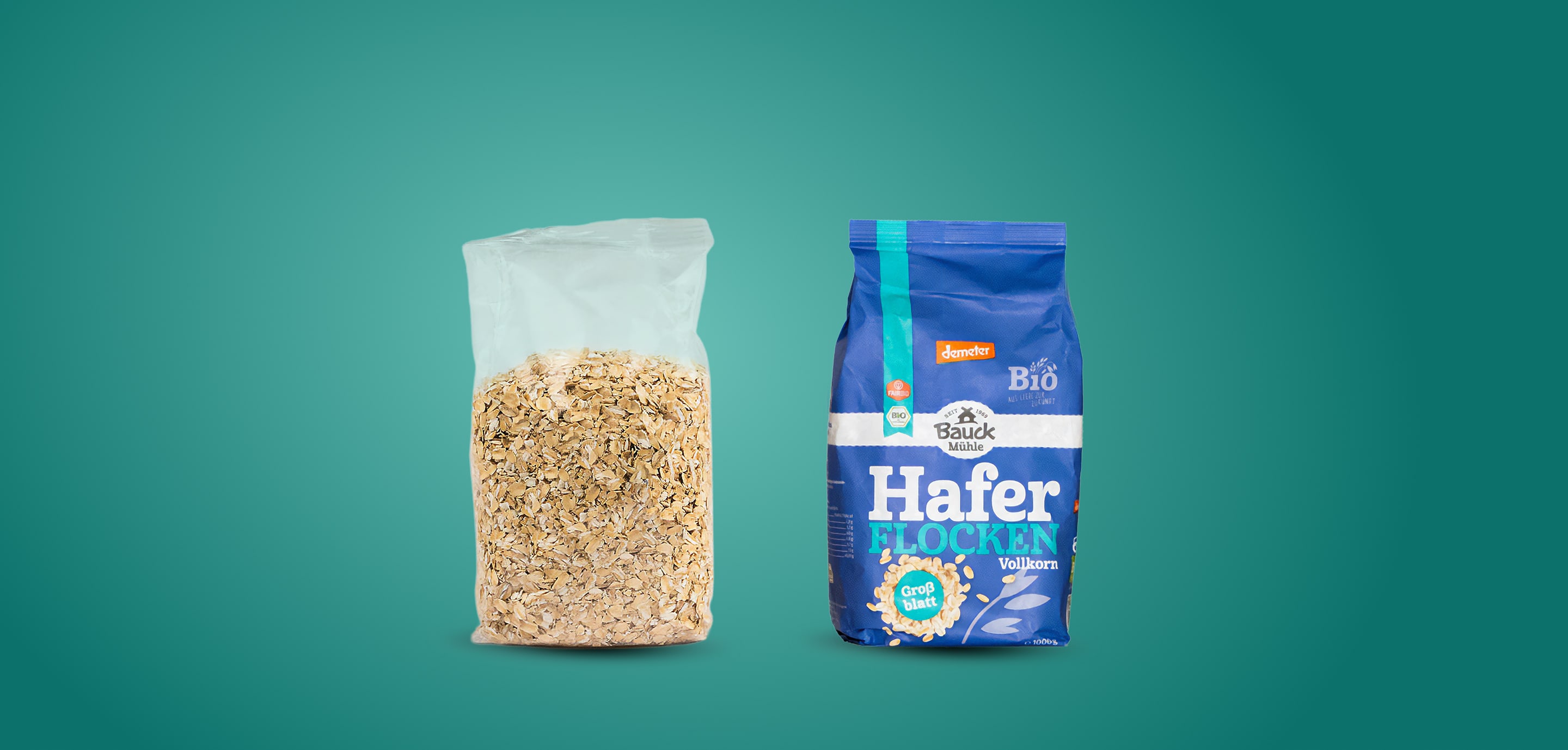 Clear oat flakes bag and blue wholegrain oat flakes package placed side by side against a green background layout view
