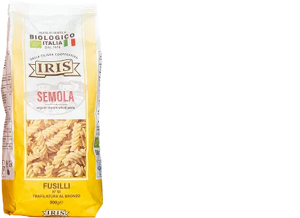 Yellow paper bag for fusilli pasta with Italian brand logo, product photo on the front and detailed organic quality claims.