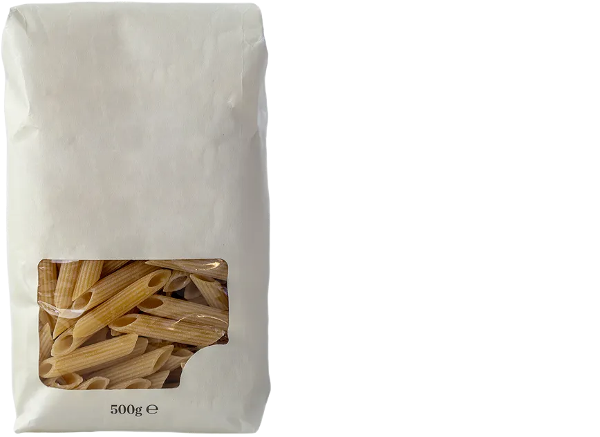 Plain white paper bag for penne pasta with small window showing the noodles and subtle 500g label near the lower edge.