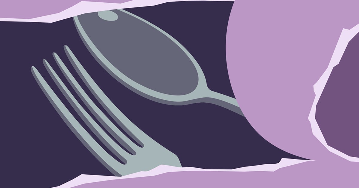 Stylized fork and spoon behind torn purple paper in a modern flat graphic design