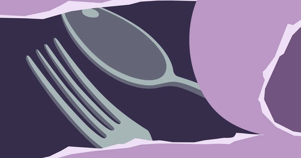 Stylized fork and spoon behind torn purple paper in a modern flat graphic design