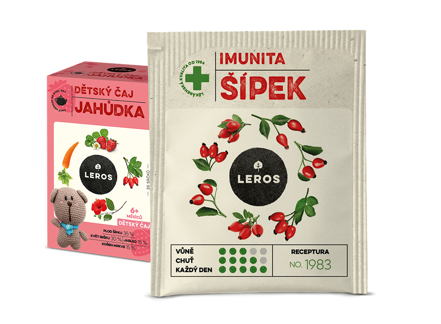 Two LEROS tea packages side by side, one pink children&rsquo;s tea box and one rosehip blend sachet, shown isolated