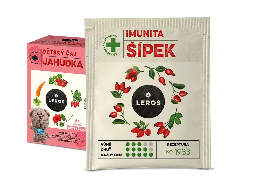 Two LEROS tea packages side by side, one pink children&rsquo;s tea box and one rosehip blend sachet, shown isolated